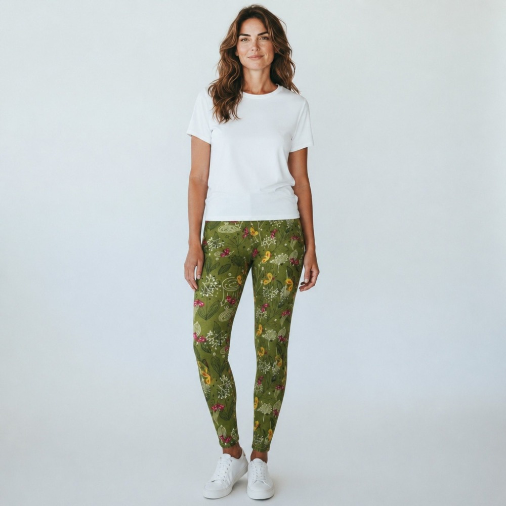 LuLaRoe Leggings Women One Size OS Green Butterfly Floral Botanical Soft Stretch